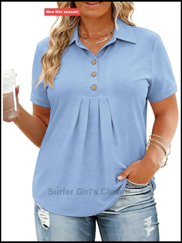 Plus Size Dressy Polo V Neck Blouse - Short Sleeve Pleated Tunic (Xl-5xl)